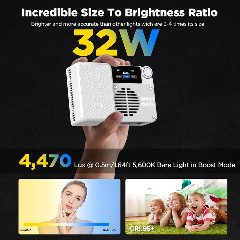 AMARAN ضوء LED محمول Ace 25c RGBWW، وضع التعزيز حتى 32 واط، ضوء فيديو مصغر كامل الألوان (2,300-10,000 كلفن)، 1,171 لوكس@1م عند 5,600 كلفن، بطارية 4500 مللي أمبير مع شحن سريع PD للمبدعين (أبيض) - Image 2